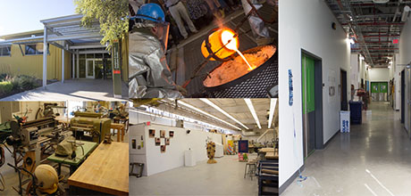 Collage of various shots of the sculpture studio including exterior and interior shots
