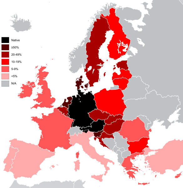 Map of Western Europe highlighting countries where German is spoken.
