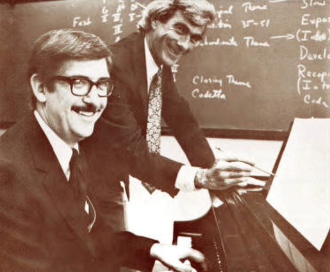 Joe Steussy (former director of the Division of Music) and Alan Craven (former director of the Division of English, Classics and Philosophy) put the finishing touches on the UTSA Alma Mater in January of 1982.