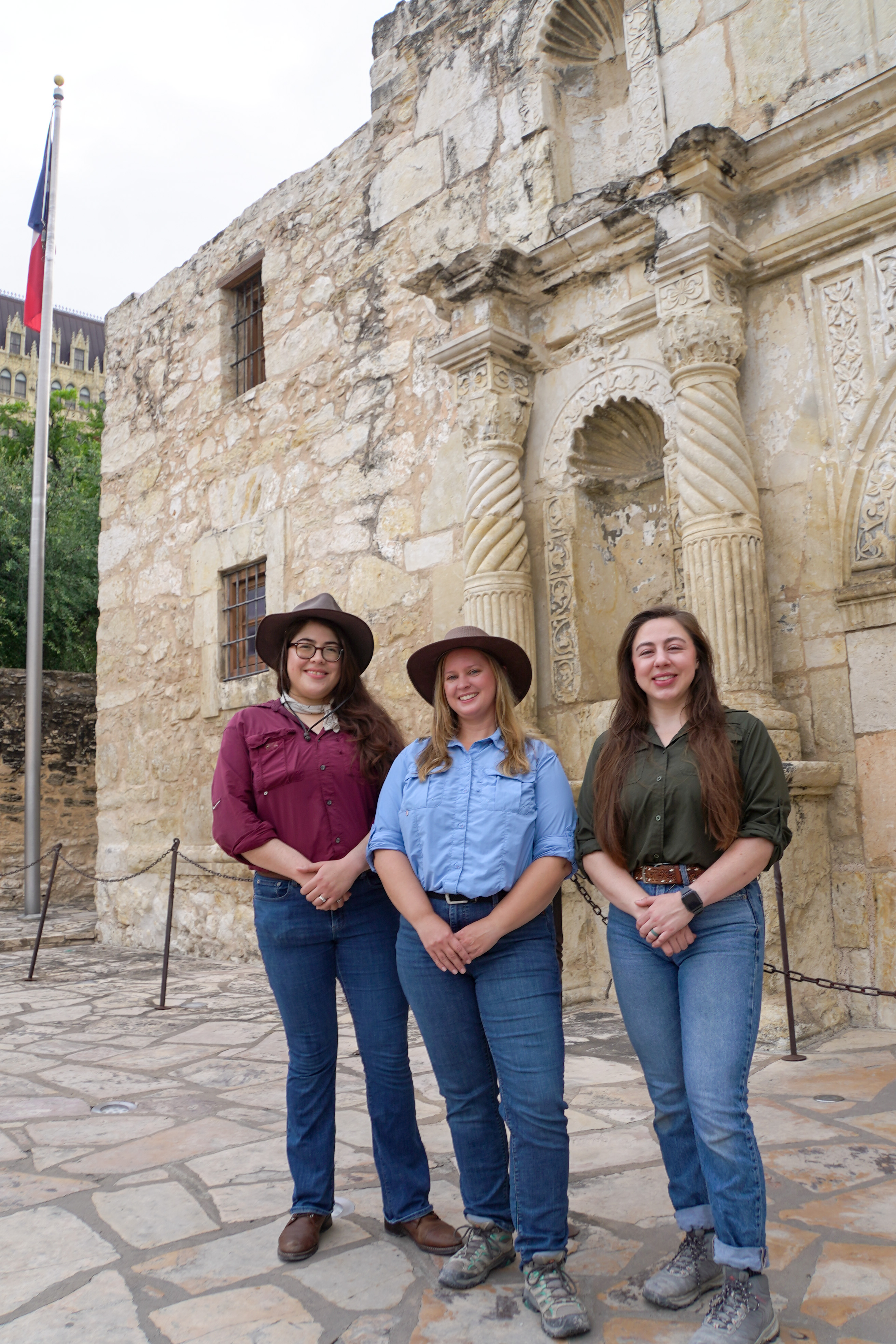 From left Gabriella Zaragosa, Tiffany Lindley, Kat Jenkins in front of the famous Alamo Chapel