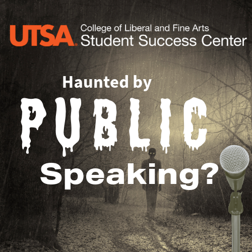 Spooky flyer showing how scary public speaking is... the microphone is staring at us... 