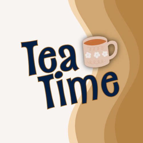 Tea time logo with tea cup and swirly lines